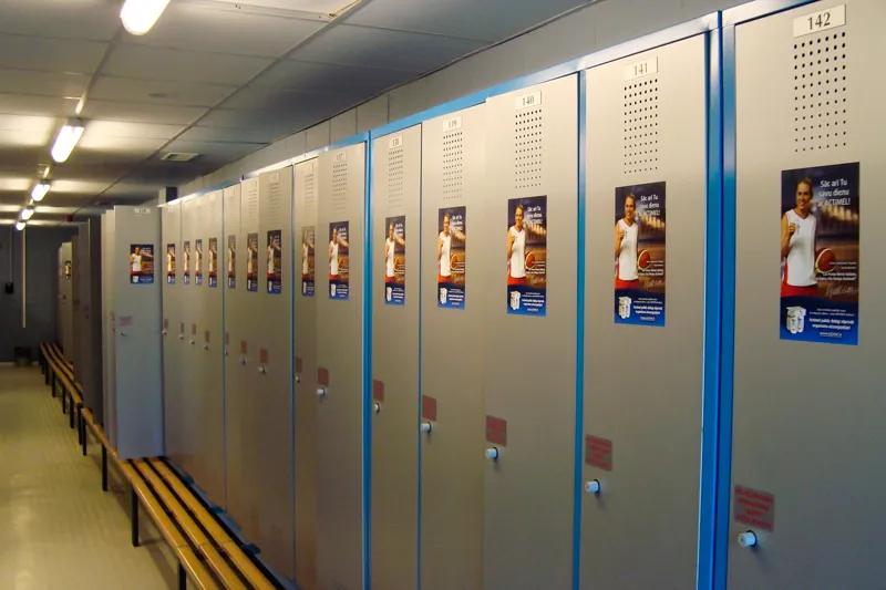 Advertising posters in a sports club changing room